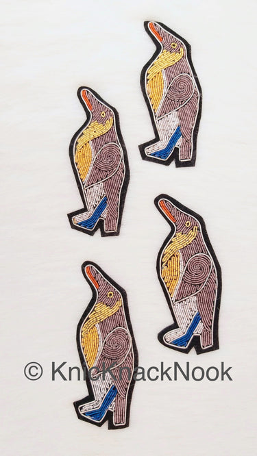 Hand Embroidered Penguins Applique In Grey, Silver, Gold